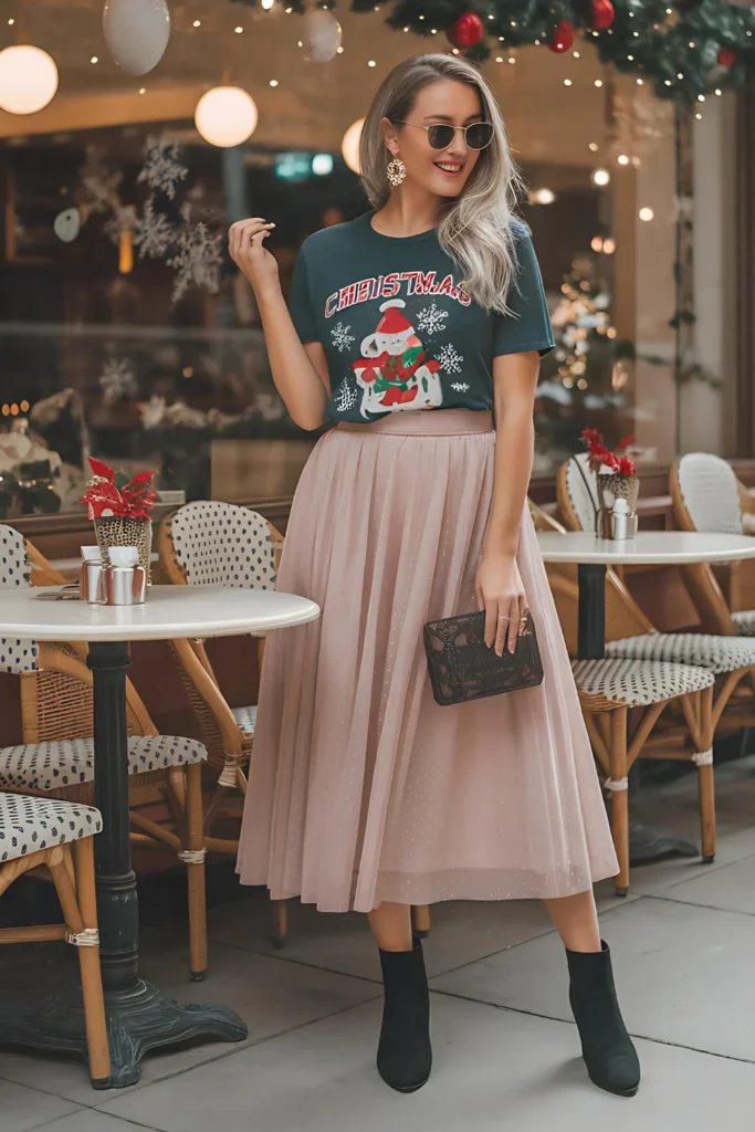 Christmas Graphic Tee and Skirt Outfit