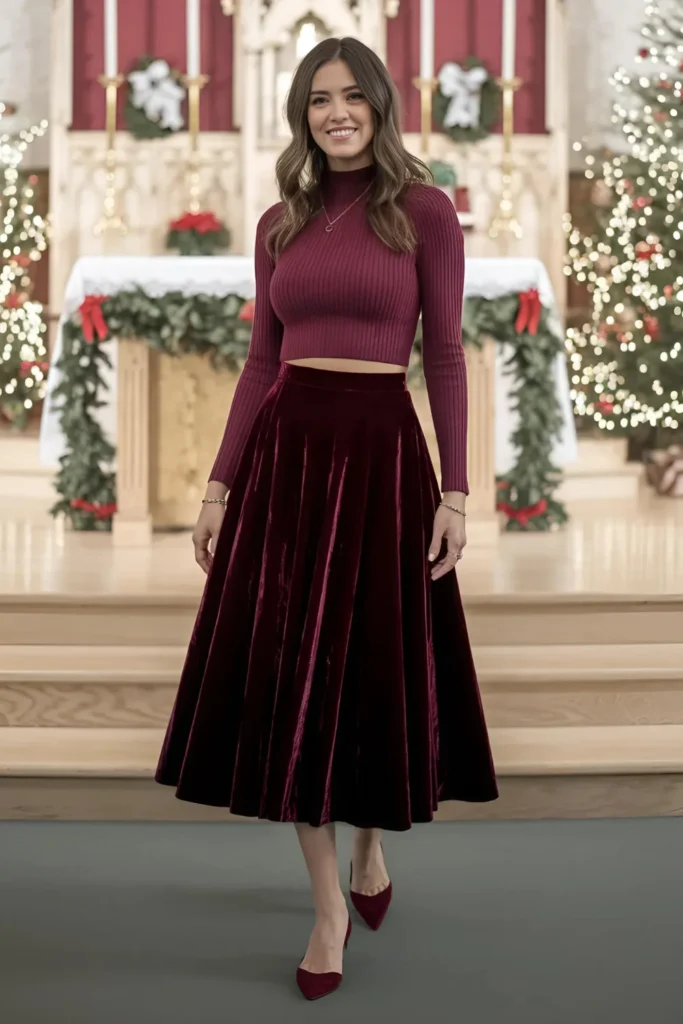 Christmas Midi Skirt and Cropped Sweater Outfit