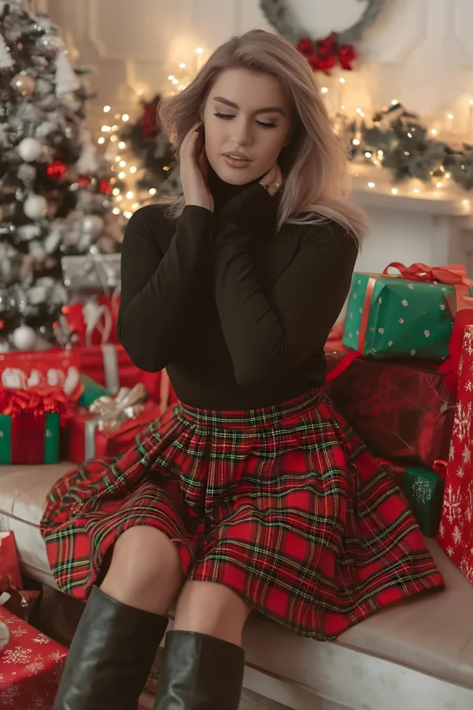 Christmas Plaid Skirt and Turtleneck Outfit