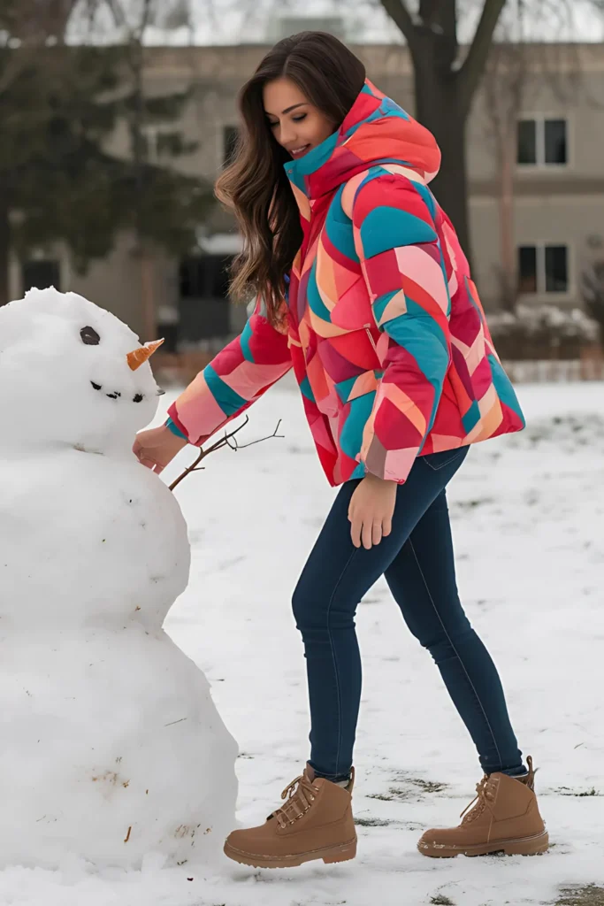 Christmas Puffer Coat and Jeans Outfit