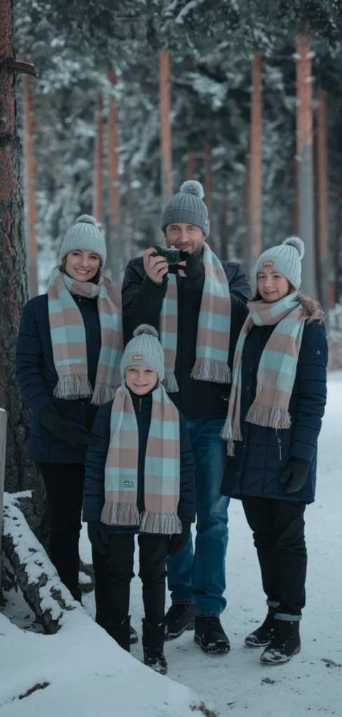 Coordinated Scarves and Hats Outfit for Christmas Family Photo