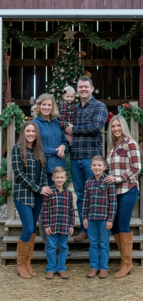 Denim and Holiday Plaid Outfit for Christmas Family Photo