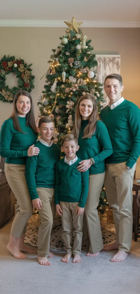 Green Sweaters and Khakis Outfit for Christmas Family Photo