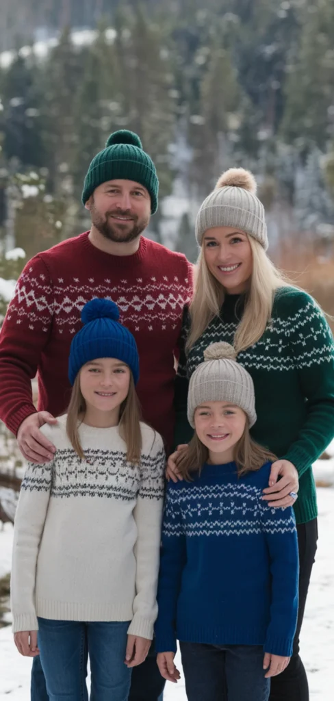 Knitted Sweaters and Beanies Outfit for Christmas Family Photo