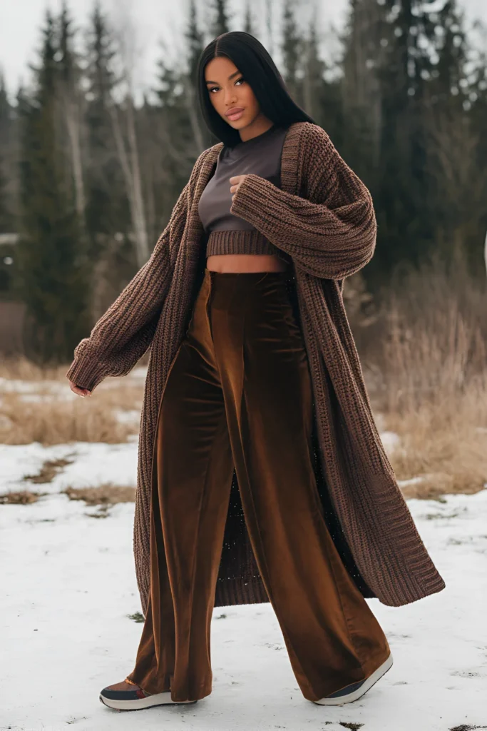 Black Girl Cardigan and Wide-Leg Pants Winter Outfit