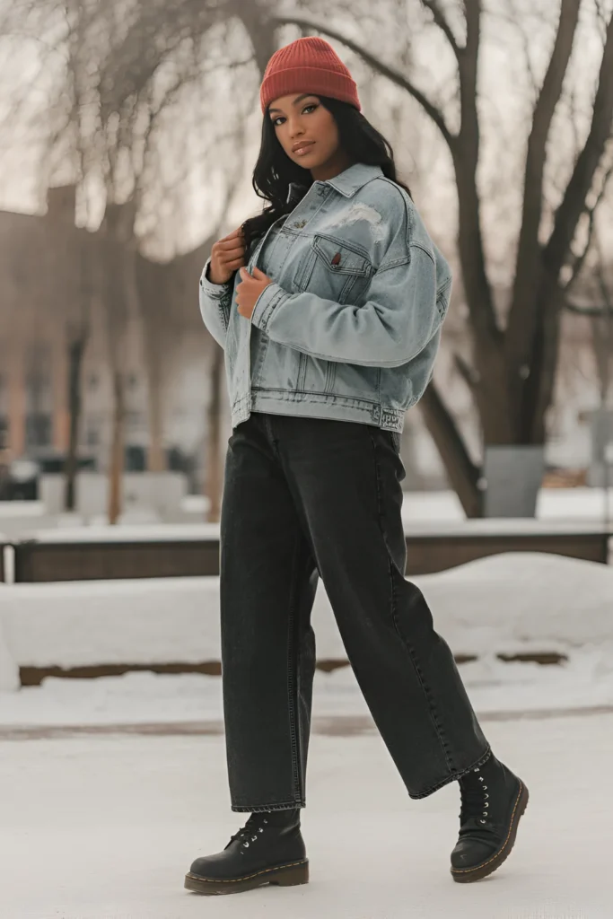 Black Girl Denim On Denim Winter Outfit