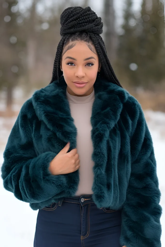 Black Girl Faux Fur Coat and Jeans Winter Outfit