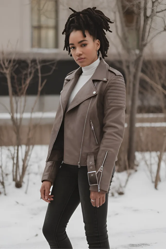 Black Girl Leather Jacket and Skinny Jeans Winter Outfit