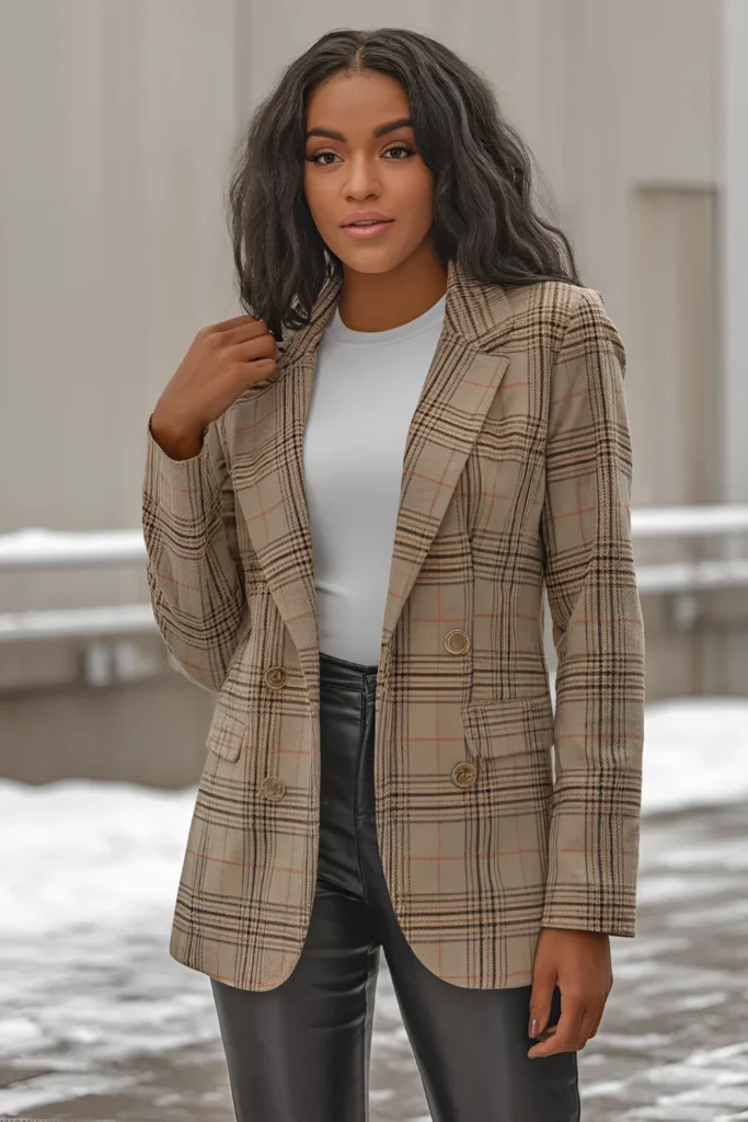 Black Girl Plaid Blazer and Leather Pants Winter Outfit