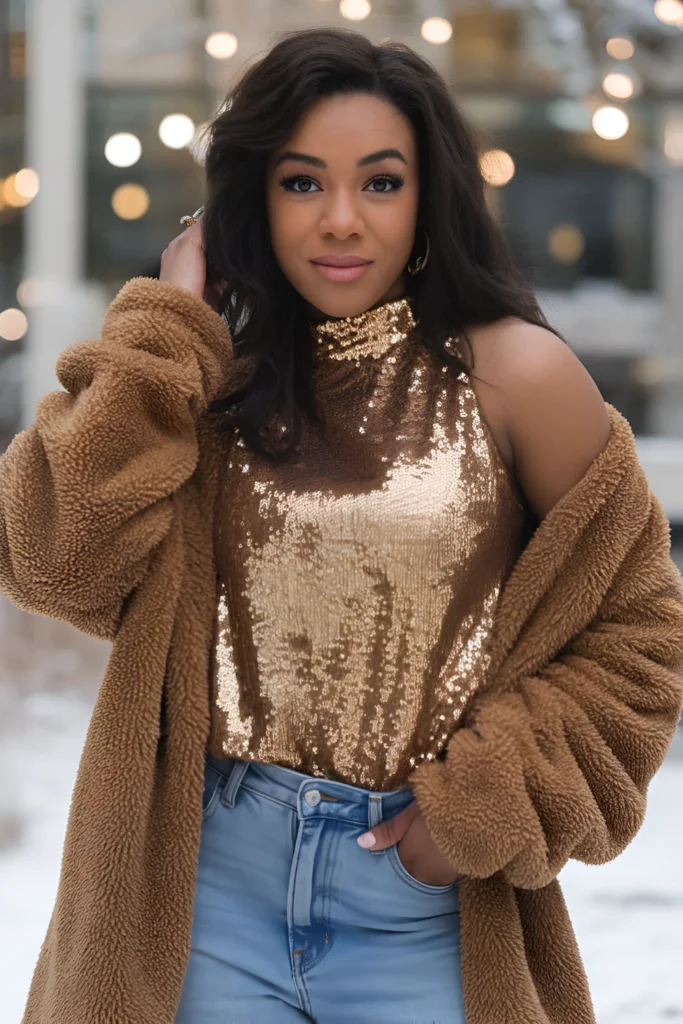 Black Girl Sequin Top and Boyfriend Jeans Winter Outfit