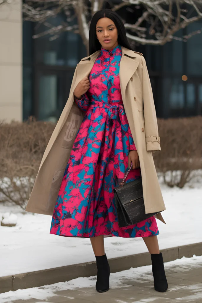 Black Girl Trench Coat and Midi Dress Winter Outfit