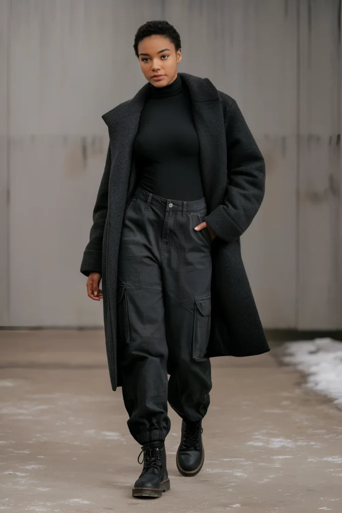 Black Girl Turtleneck Bodysuit and Cargo Pants Winter Outfit