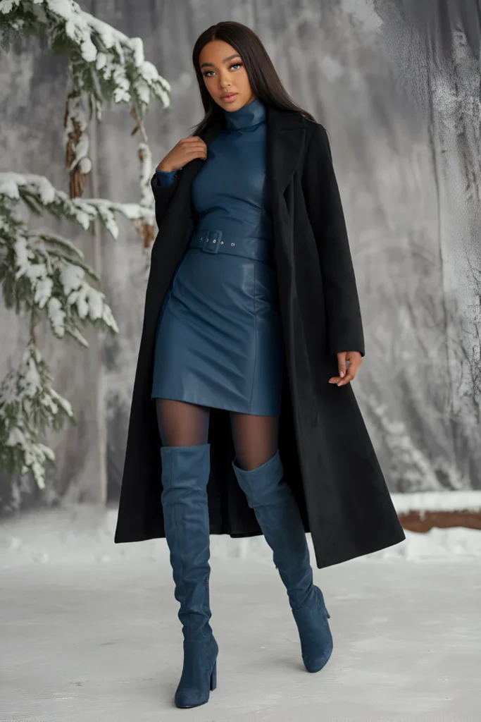 Black Girl Turtleneck Dress and Over-the-Knee Boots Winter Outfit