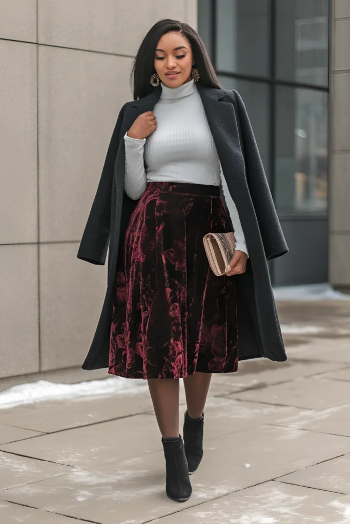 Black Girl Turtleneck and Midi Skirt Winter Outfit