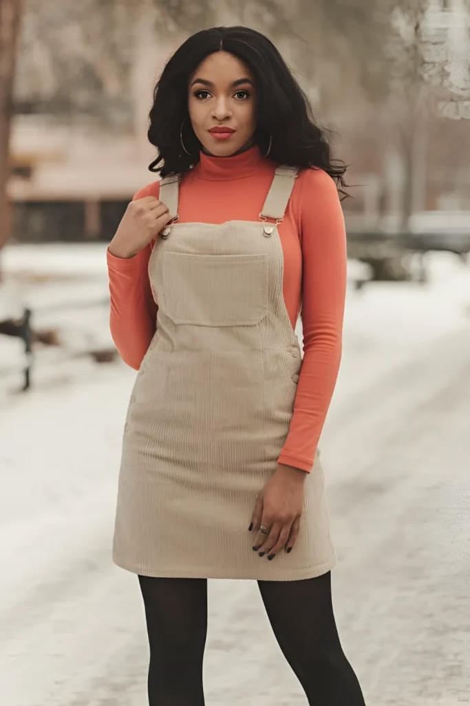 Black Girl Turtleneck and Overall Dress Winter Outfit