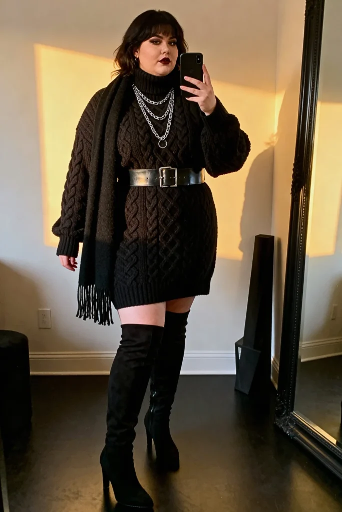 Plus Size Cable Knit Sweater Dress with Thigh-High Boots Outfit