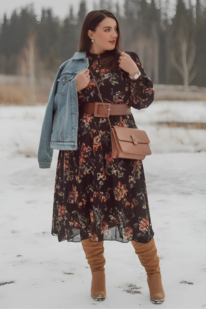 Plus Size Casual Winter Fashion Floral Midi Dress Outfit