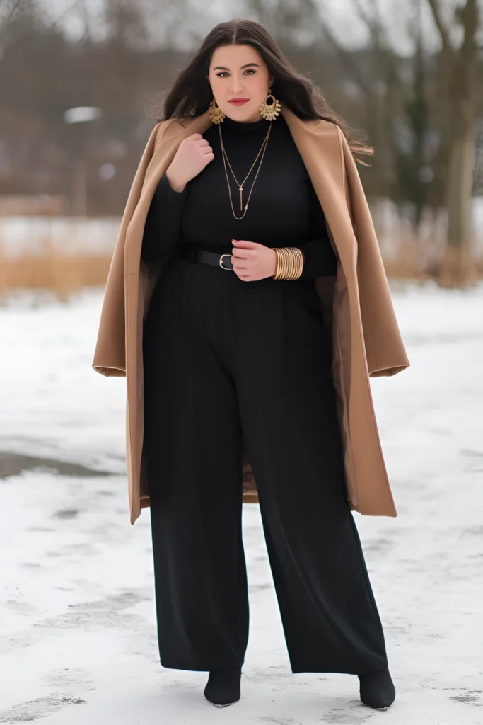 Plus Size Casual Winter Fashion Wide-leg Jumpsuit Outfit