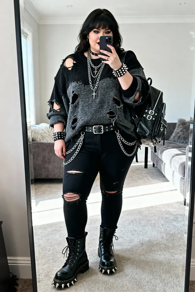 Plus Size Distressed Sweater with Ripped Jeans and Chains Outfit