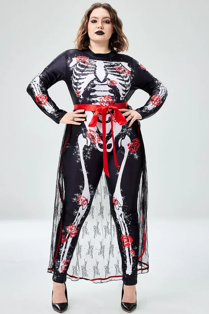 Plus Size Halloween Black Gothic Skeleton Print Sleeveless Knitted Jumpsuit