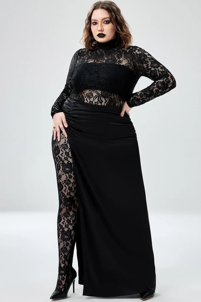 Plus Size Halloween Costume Black Gothic See-Through High Split Lace Jumpsuit