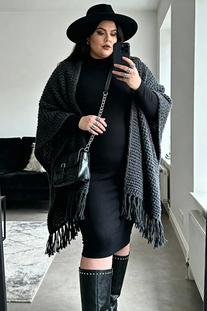 Plus Size Knit Poncho Over Fitted Dress and Boots Outfit