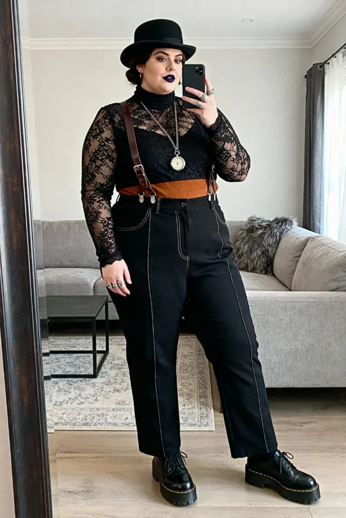 Plus Size Lace Turtleneck with High-Waisted Pants and Suspenders Outfit