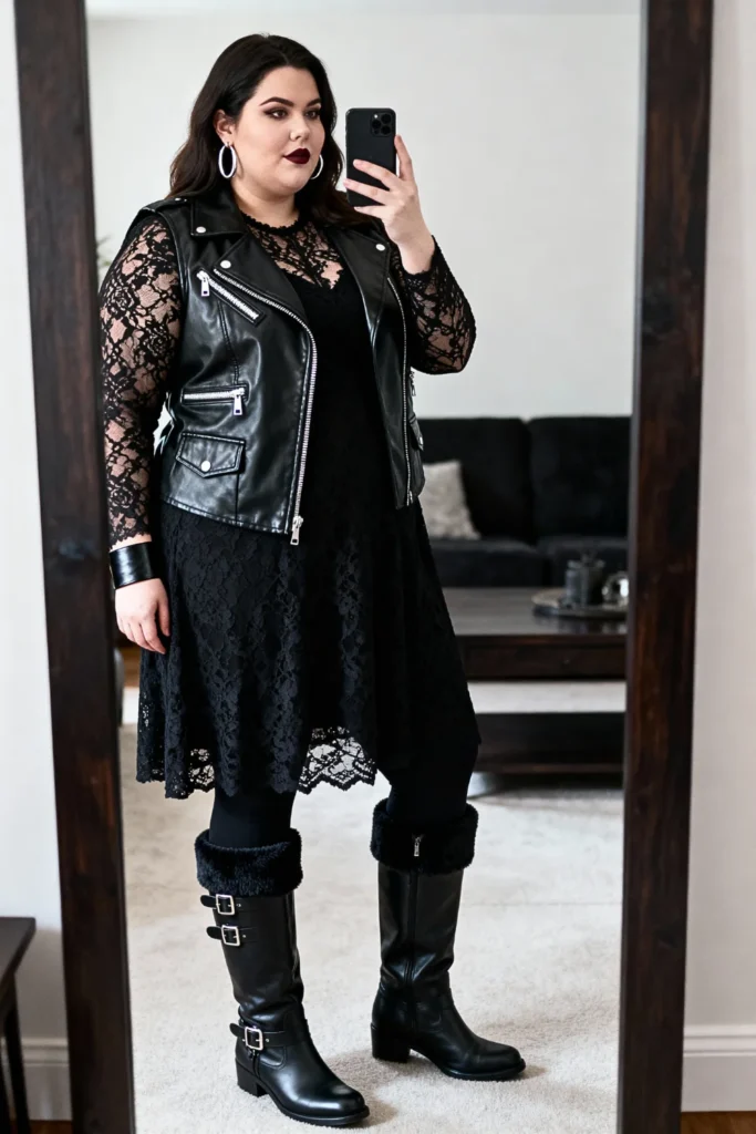Plus Size Leather Vest Over Lace Dress Outfit