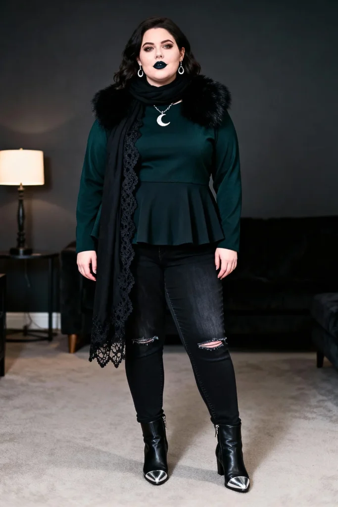 Plus Size Peplum Top with Faux Fur Collar and Jeans Outfit