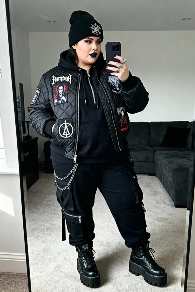 Plus Size Quilted Jacket with Patches Over Hoodie Outfit
