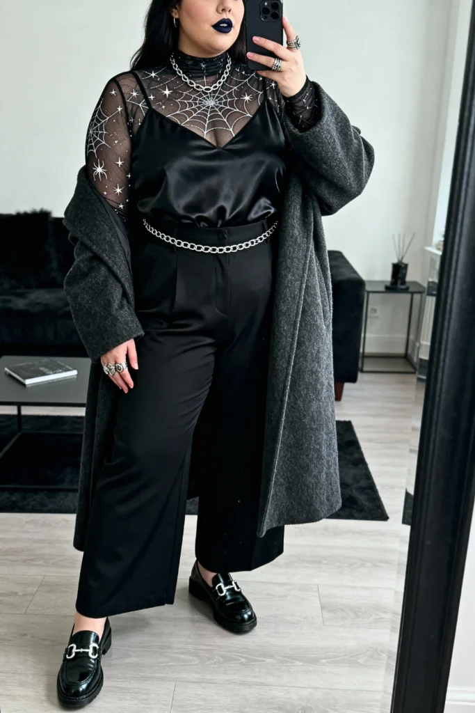 Plus Size Sheer Mesh Top with Camisole and Trousers Outfit