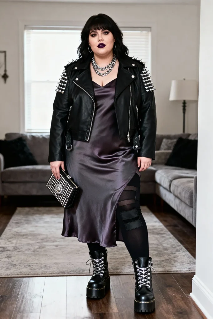 Plus Size Studded Moto Jacket with Slip Dress Outfit