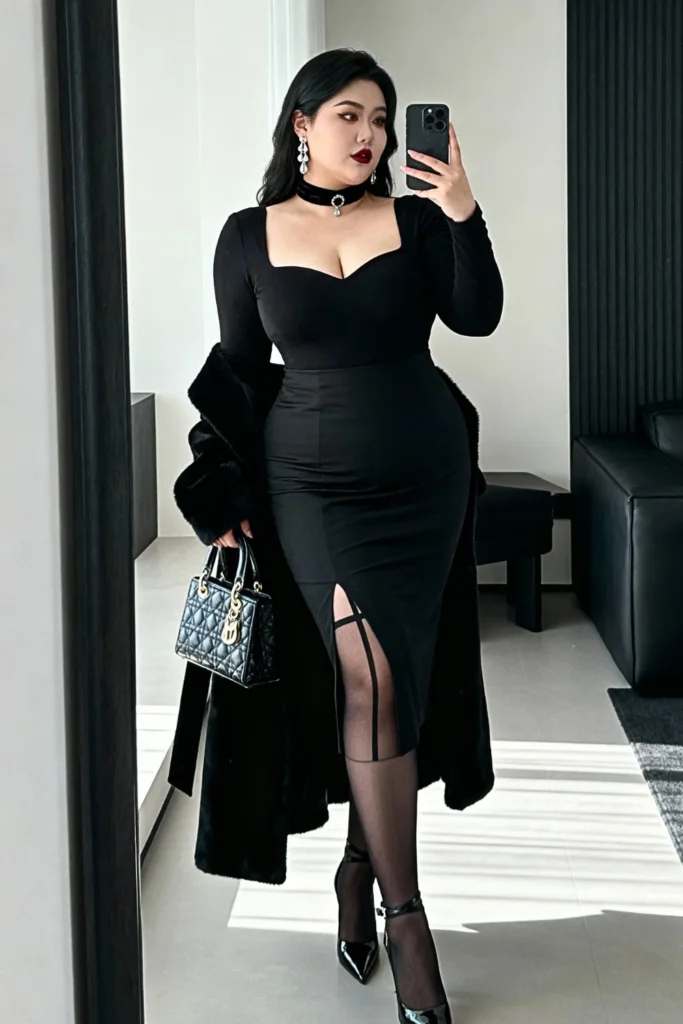 Plus Size Sweetheart Neckline Top with Pencil Skirt Outfit