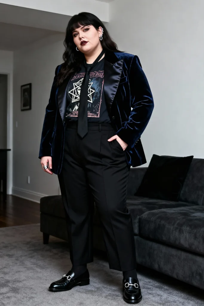 Plus Size Velvet Blazer Over Graphic Tee and Trousers Outfit