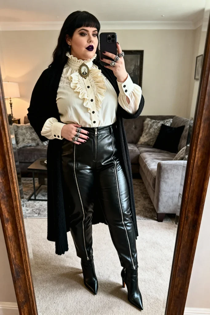Plus Size Victorian Blouse with Faux Leather Pants Outfit
