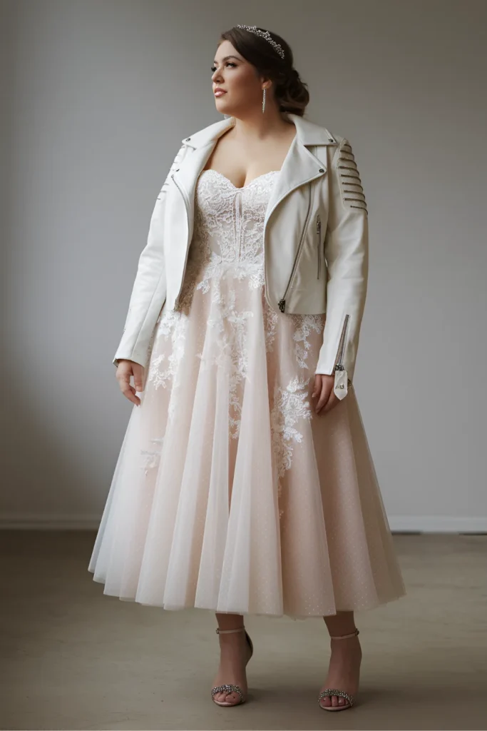 Plus Size White Leather and Lace Wedding Dress