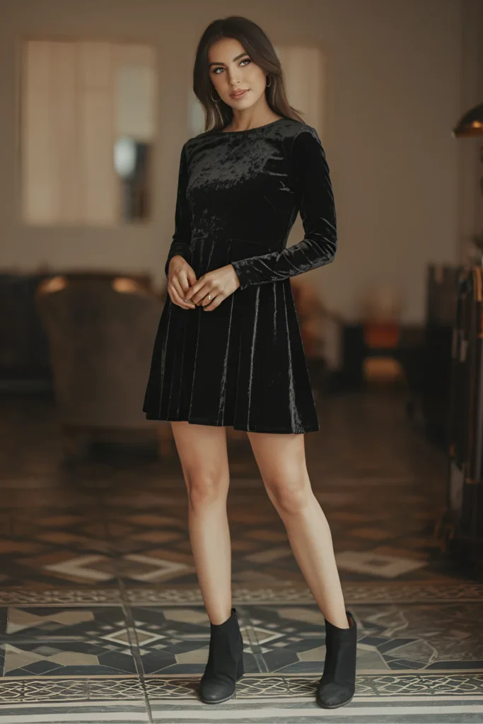 Short Winter Formal Black Long-Sleeve Velvet Mini Dress