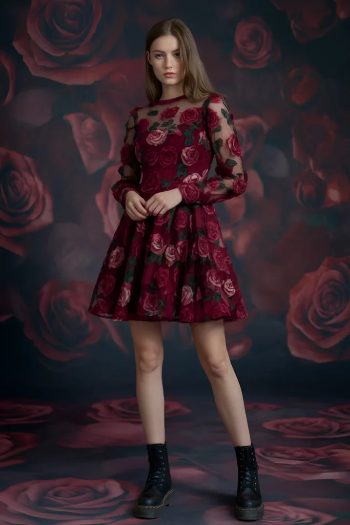 Short Winter Formal Burgundy Rose Print Dress