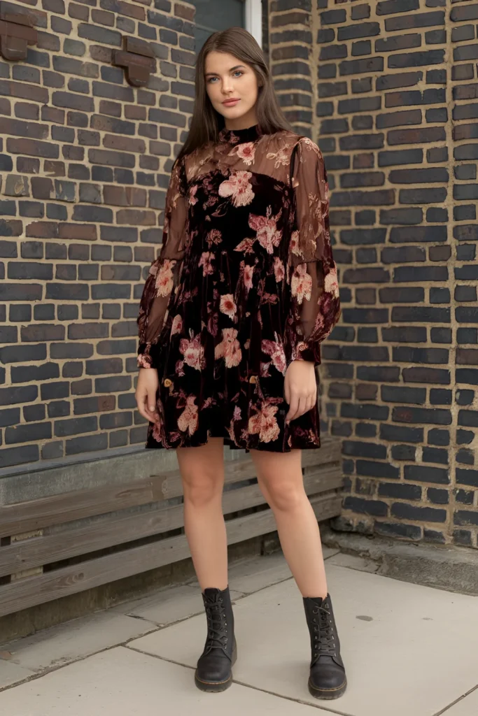 Short Winter Formal Dark Floral Velvet Burnout Dress