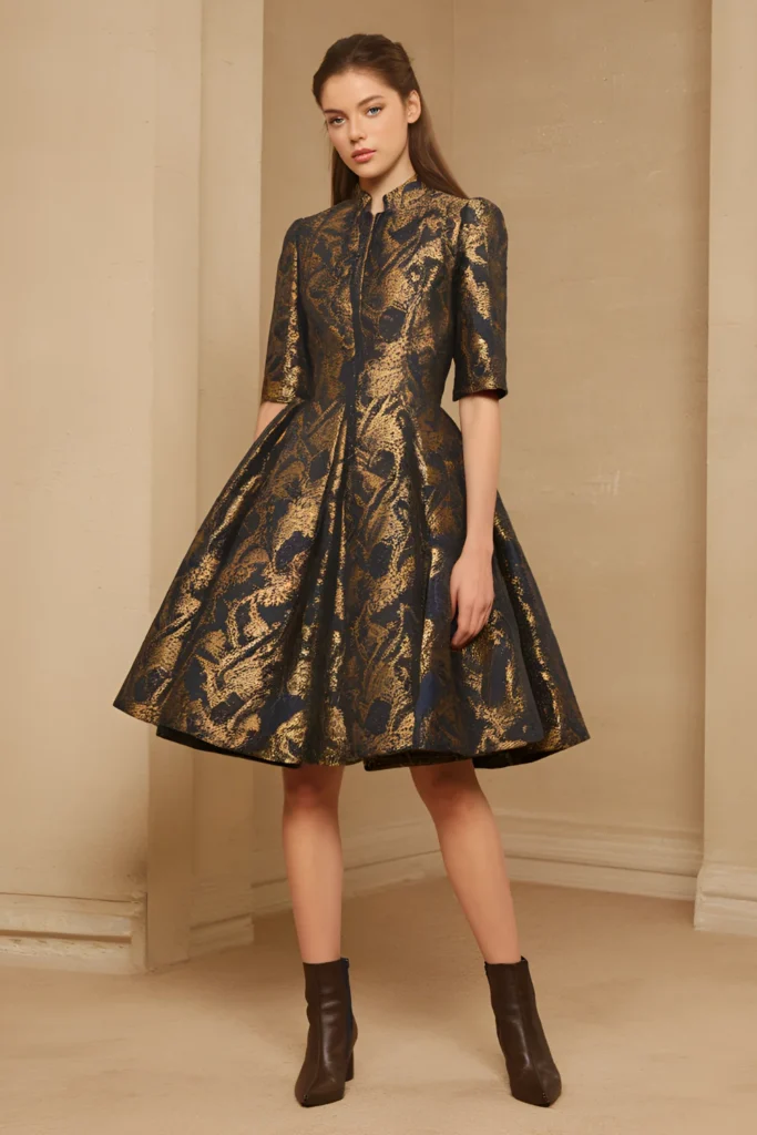 Short Winter Formal Navy and Gold Brocade Dress