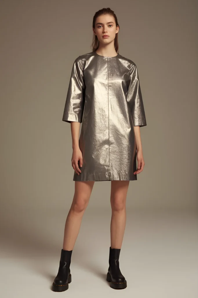 Short Winter Formal Pewter Metallic Shift Dress