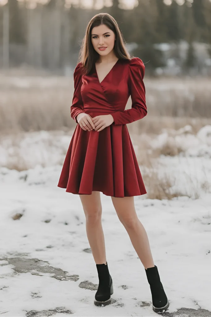 Short Winter Formal Ruby Red Satin Wrap Dress