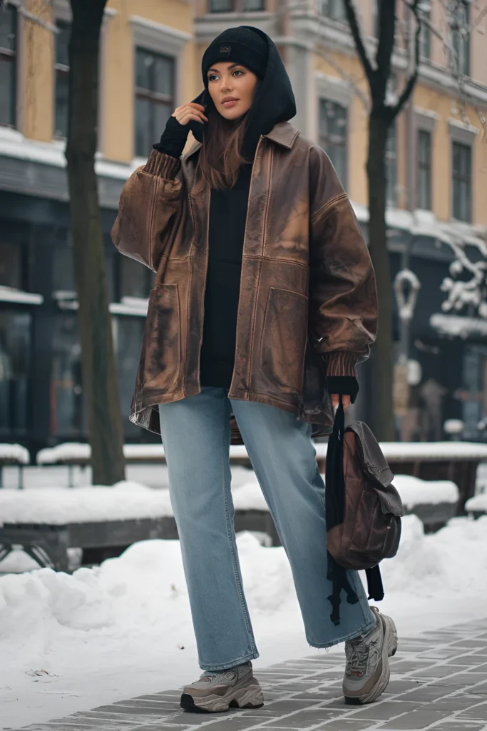 Stockholm Style Winter Leather Jacket Outfit