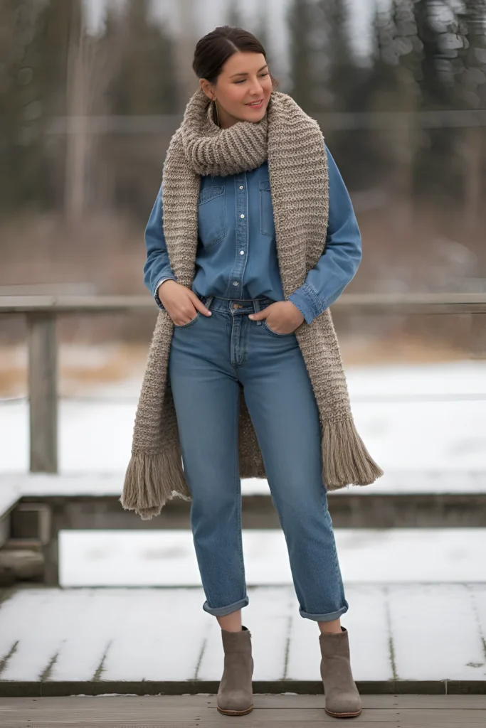 Winter Casual Denim Shirt with Jeans Outfit