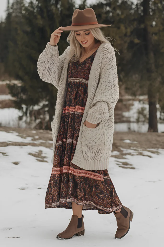 Winter Casual Maxi Dress and Chunky Cardigan Outfit