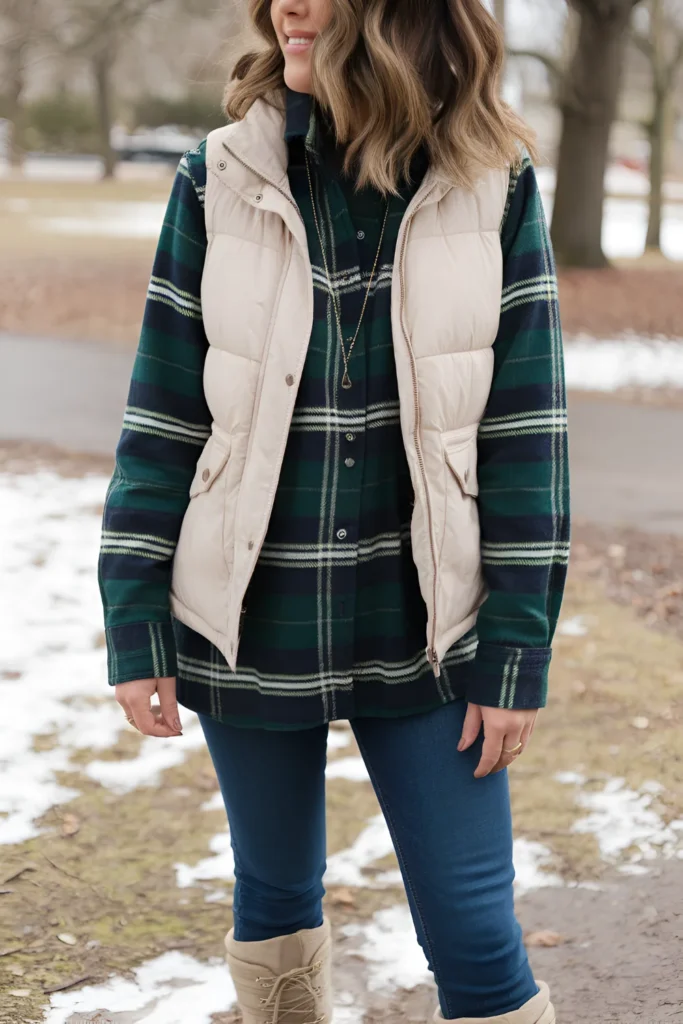 Winter Casual Plaid Shirt and Puffer Vest Outfit