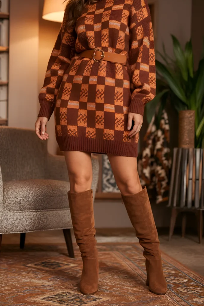 Winter Casual Sweater Dress and Knee-High Boots Outfit