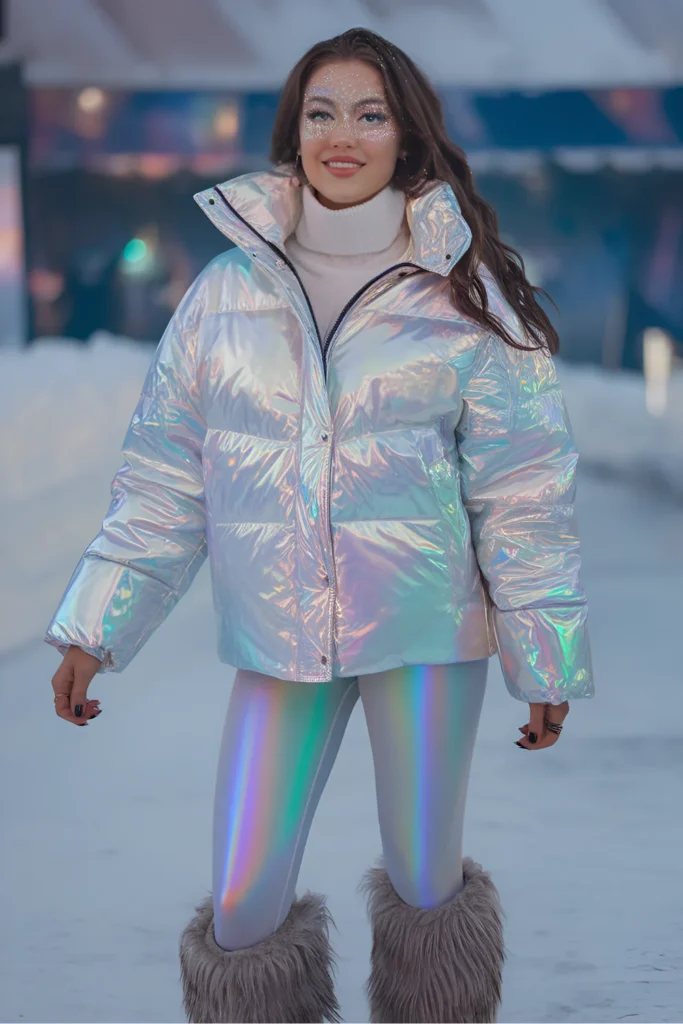 Winter Holographic Puffer Jacket Outfit For Rave Festivals