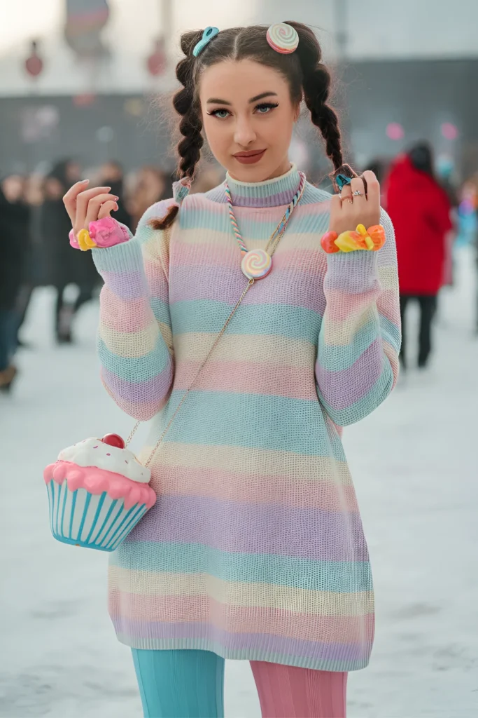 Winter Pastel-striped Sweater Dress Outfit For Rave Festivals