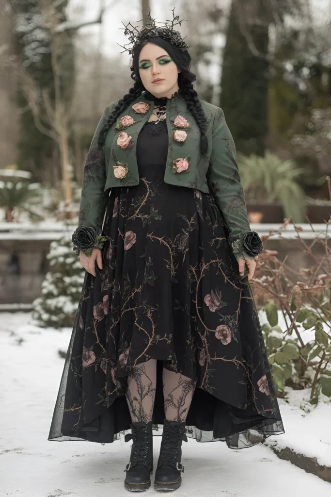 Winter Plus Size Goth Black Floral Maxi Dresss Outfit